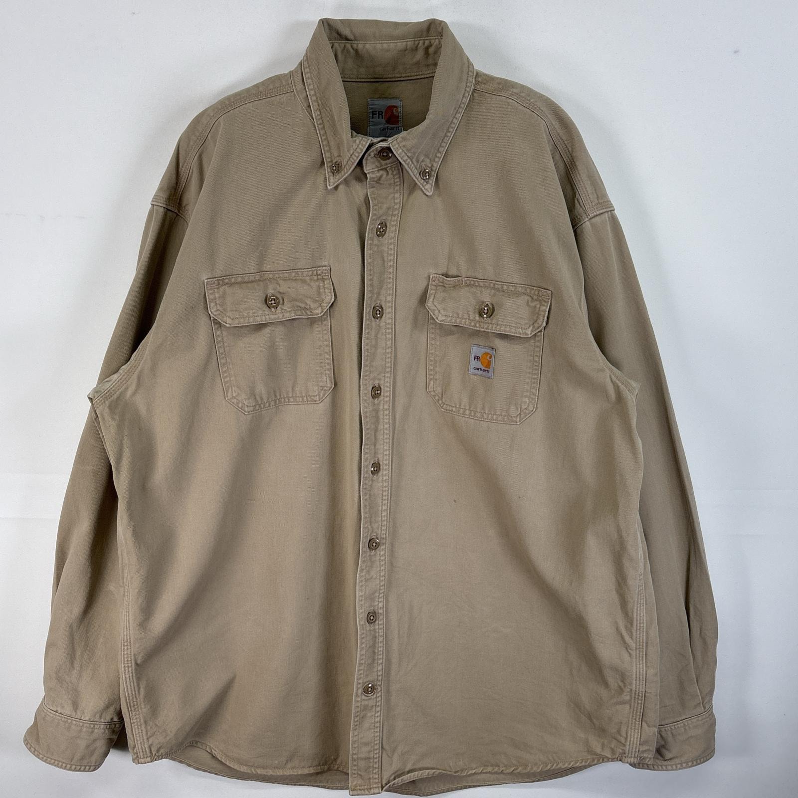 古着 カーハート Carhartt 長袖シャツ ワンポイント ロゴ 耐火素材 肉厚 X-LARGE  ベージュ 無地 メンズ