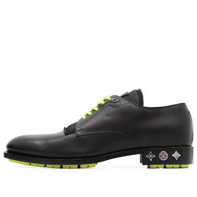 【SALE】LOUIS VUITTON ルイ・ヴィトン ダービーシューズ サイズ 7 メンズ 2018年モデル レザー モノグラム フラワー メタルパーツ バイカラー シューズ 革靴 ブラック ネオンイエロー 黒 黄 イタリア製 MT1128