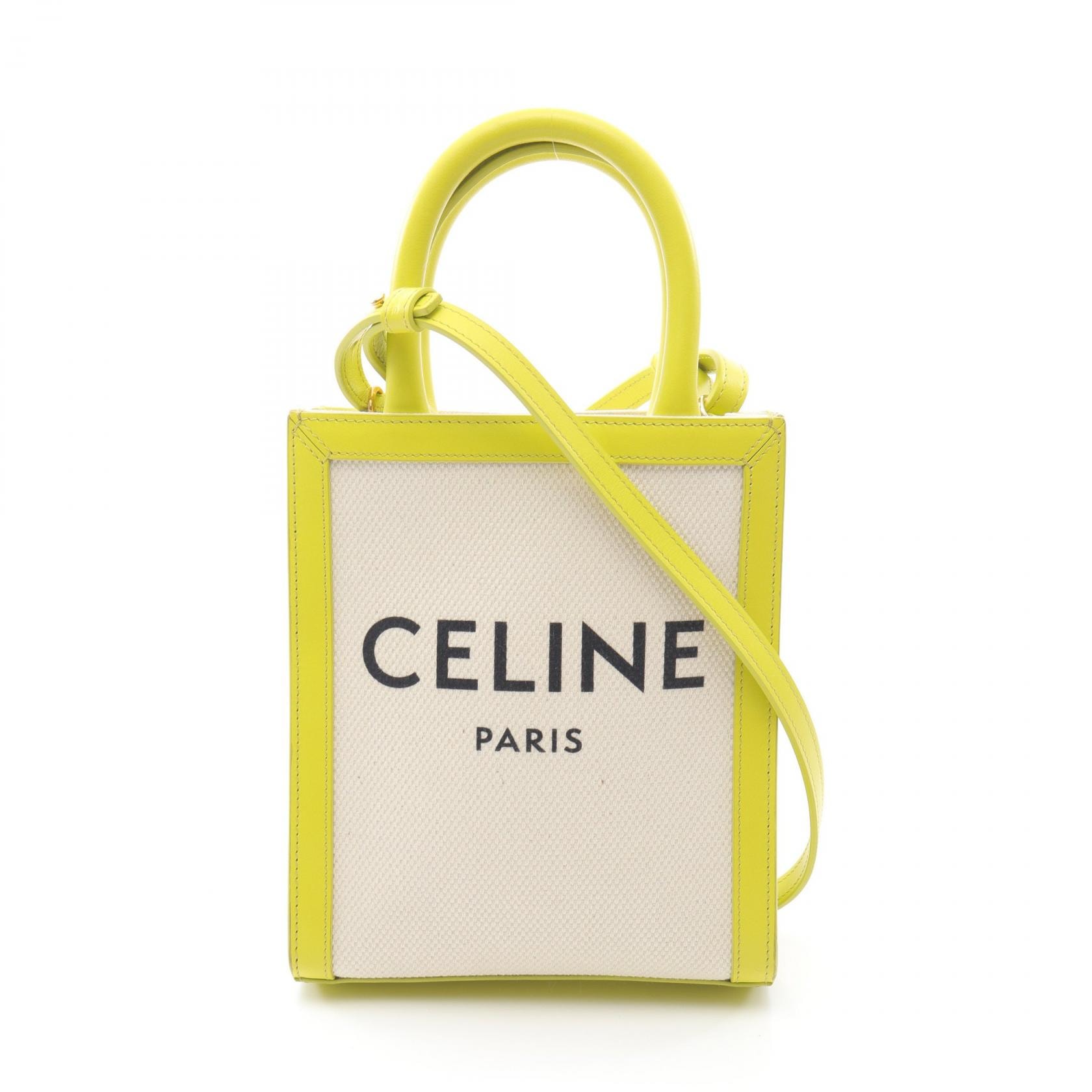 セリーヌ CELINE ミニ バーティカルカバ ハンドバッグ バッグ キャンバス レザー レディース アイボリー系 / グリーン系 【中古】
