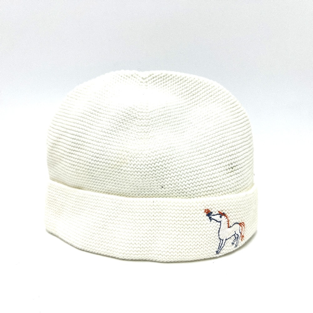 エルメス HERMES カブリオル 馬刺繍 ベイビー 帽子 赤ちゃん ニット帽 コットン ホワイト