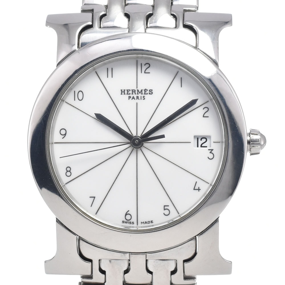 値下 エルメス HERMES HR1.510 Hウオッチ ロンド デイト シルバー クォーツ レディース 良品 腕時計 H#146865