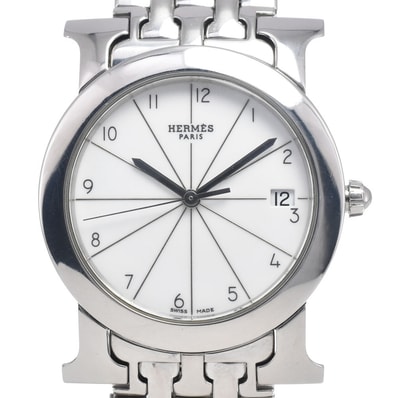 値下 エルメス HERMES HR1.510 Hウオッチ ロンド デイト シルバー クォーツ レディース 良品 腕時計 H#146865