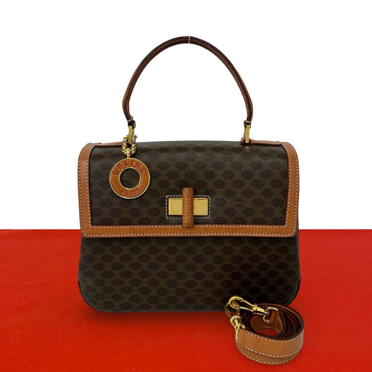 CELINE セリーヌ サークル ロゴ マカダム ブラゾン 柄 レザー PVC ショルダーバッグ ブラウン
 20646
