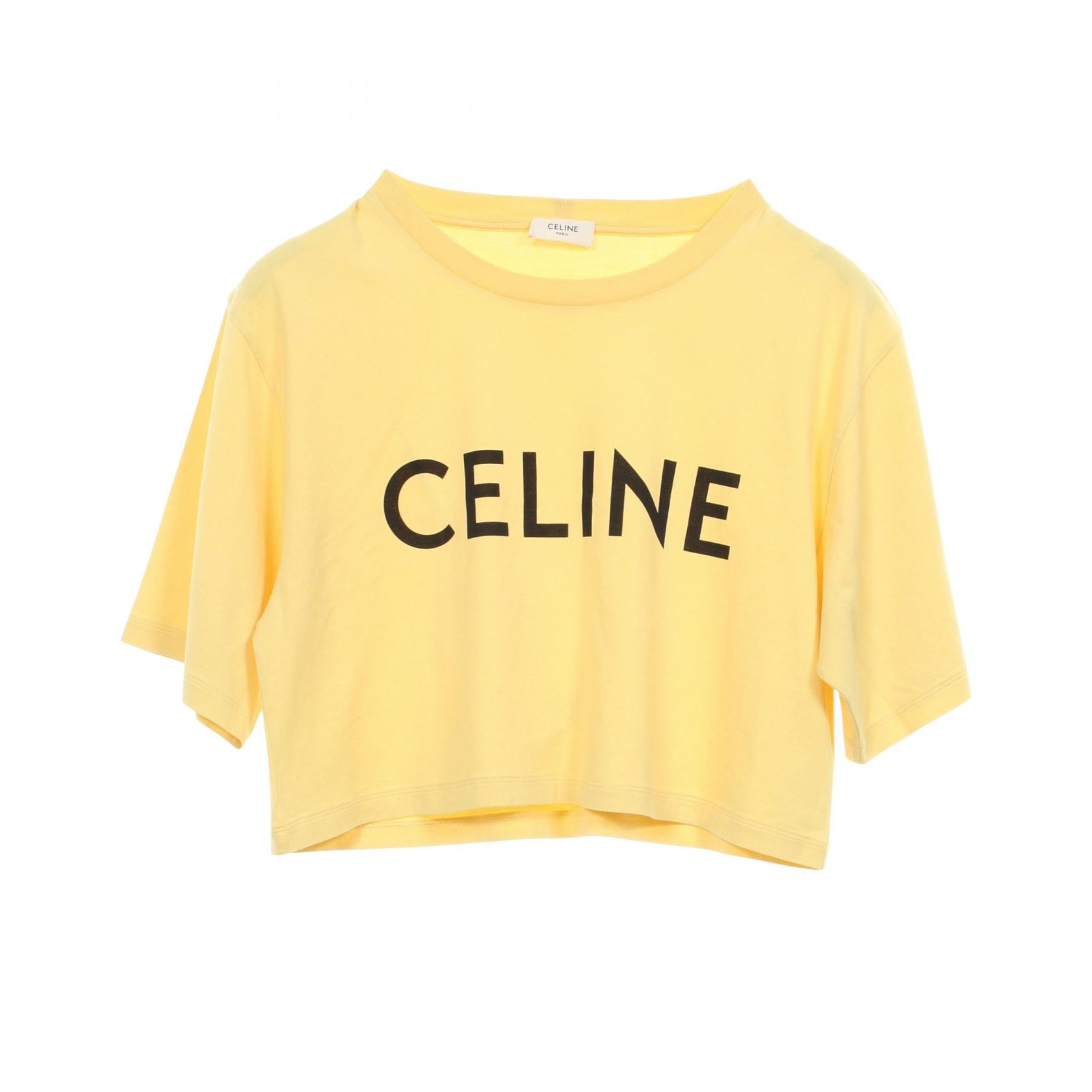 セリーヌ CELINE ロゴプリント クロップド 半袖Tシャツ 衣料品 トップス コットン レディース イエロー系 2X761671Q 【中古】