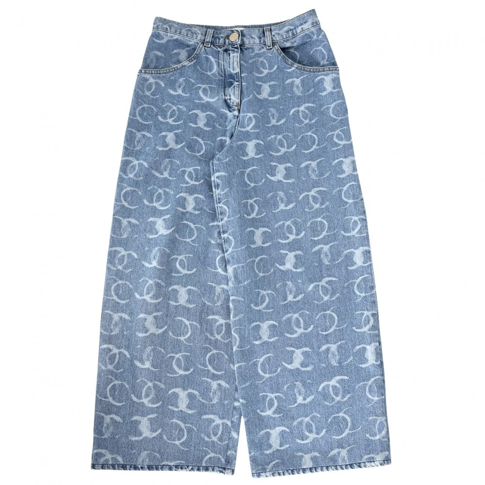 CHANEL シャネル デニムパンツ ジーンズ ボトムス ココマーク スパンコール 総柄 ワイドパンツ 38 ブルー 青 ゴールド金具 コットン    レディース 美品【中古品】