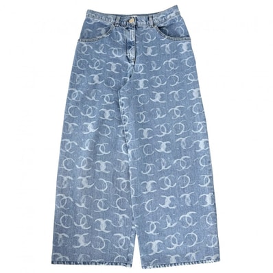 CHANEL シャネル デニムパンツ ジーンズ ボトムス ココマーク スパンコール 総柄 ワイドパンツ 38 ブルー 青 ゴールド金具 コットン レディース 美品【中古品】