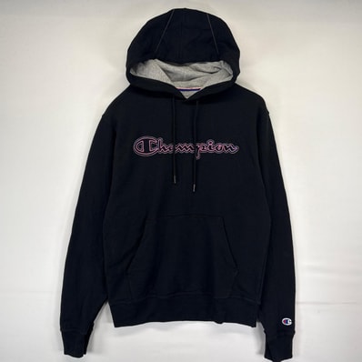 古着 チャンピオン Champion パーカー スウェット ワッペン ビッグロゴ プルオーバー フーディ S ブラック メンズ