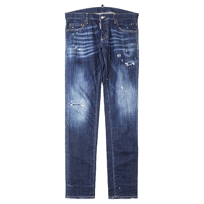 SALE【美品】DSQUARED2 ディースクエアード デニム パンツ ジーンズ ロゴ ボタン ダメージ&ペンキ加工 ストレッチ スリムストレート ボトムス メンズ サイズ 48 インディゴ イタリア製