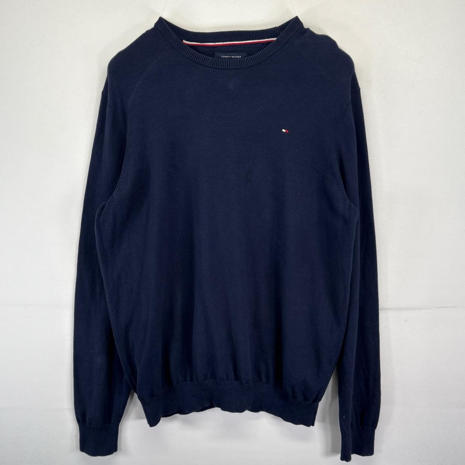 古着 トミーヒルフィガー TOMMY HILFIGER ニット 大きいサイズ クルーネック セーター ワンポイントロゴデザイン 2XL  ネイビー メンズ