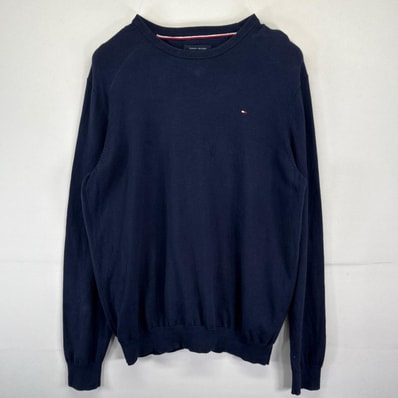 古着 トミーヒルフィガー TOMMY HILFIGER ニット 大きいサイズ クルーネック セーター ワンポイントロゴデザイン 2XL ネイビー メンズ