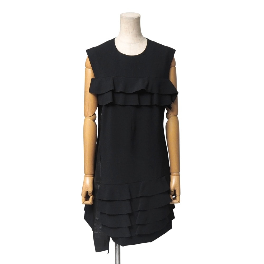 LOUIS VUITTON ルイ・ヴィトン ワンピース サイズ38 ラムレザー 異素材切替 フリル ティアード ノースリーブ ミディ フランス製 ブランド古着【中古】20251118/RA6633