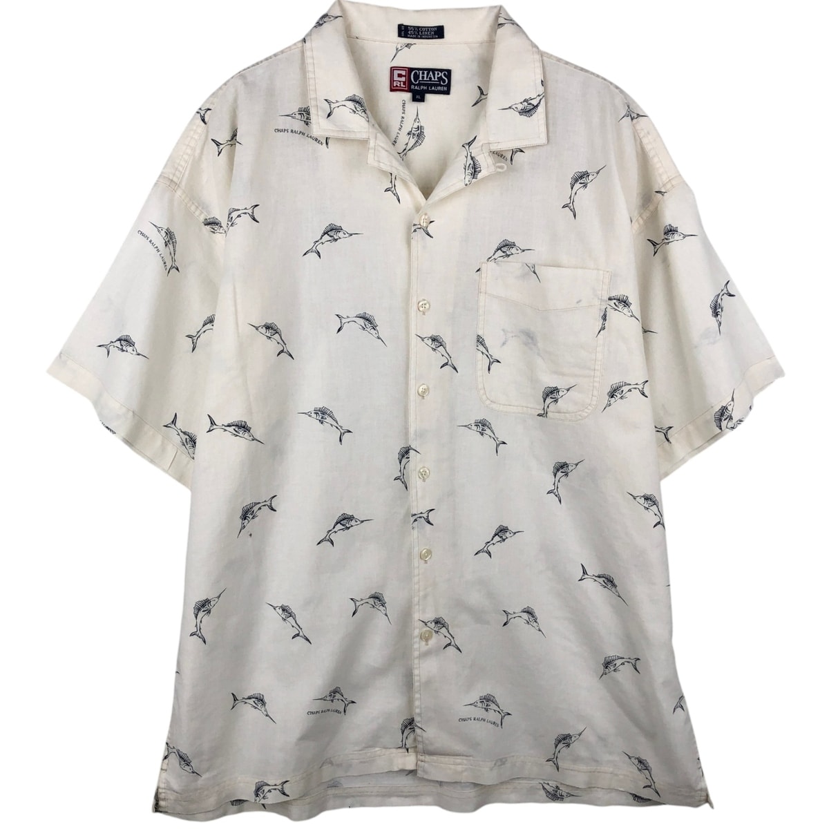 古着 ラルフローレン Ralph Lauren CHAPS チャップス 総柄 カジキ柄 半袖 オープンカラー リネン×コットンシャツ ボックスシャツ メンズXL相当/eaa641566