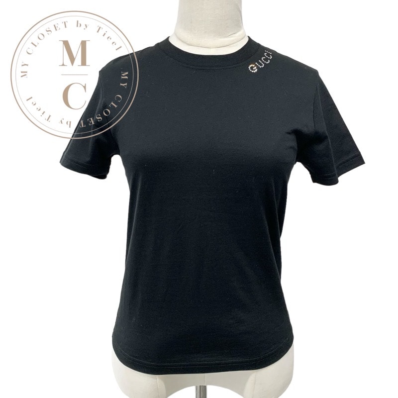 グッチ GUCCI ライトコットンジャージー Tシャツ トップス コットン ブラック 黒 未使用 ロゴ ラインストーン 半袖