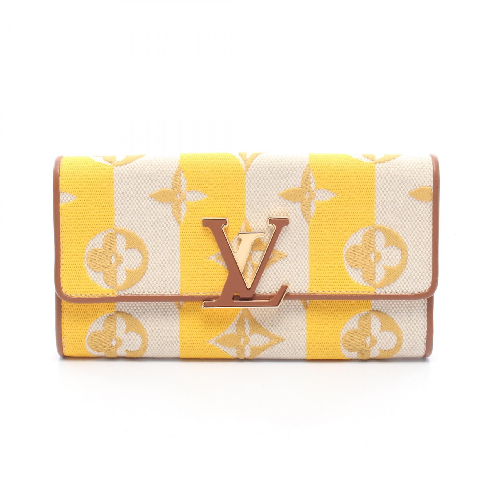 ルイ・ヴィトン LOUIS VUITTON ポルトフォイユ カプシーヌ モノグラム ジョーヌ ストライプ 二つ折り長財布 財布 キャンバス レザー ベージュ レディース イエロー系 / ベージュ系 / ブラウン系 M80416 【中古】