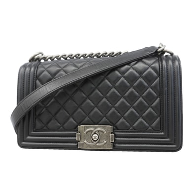 【6kb0967】シャネル ショルダーバッグ ボーイシャネル チェーンショルダー ラムスキン ブラック シルバー金具【中古】レディース