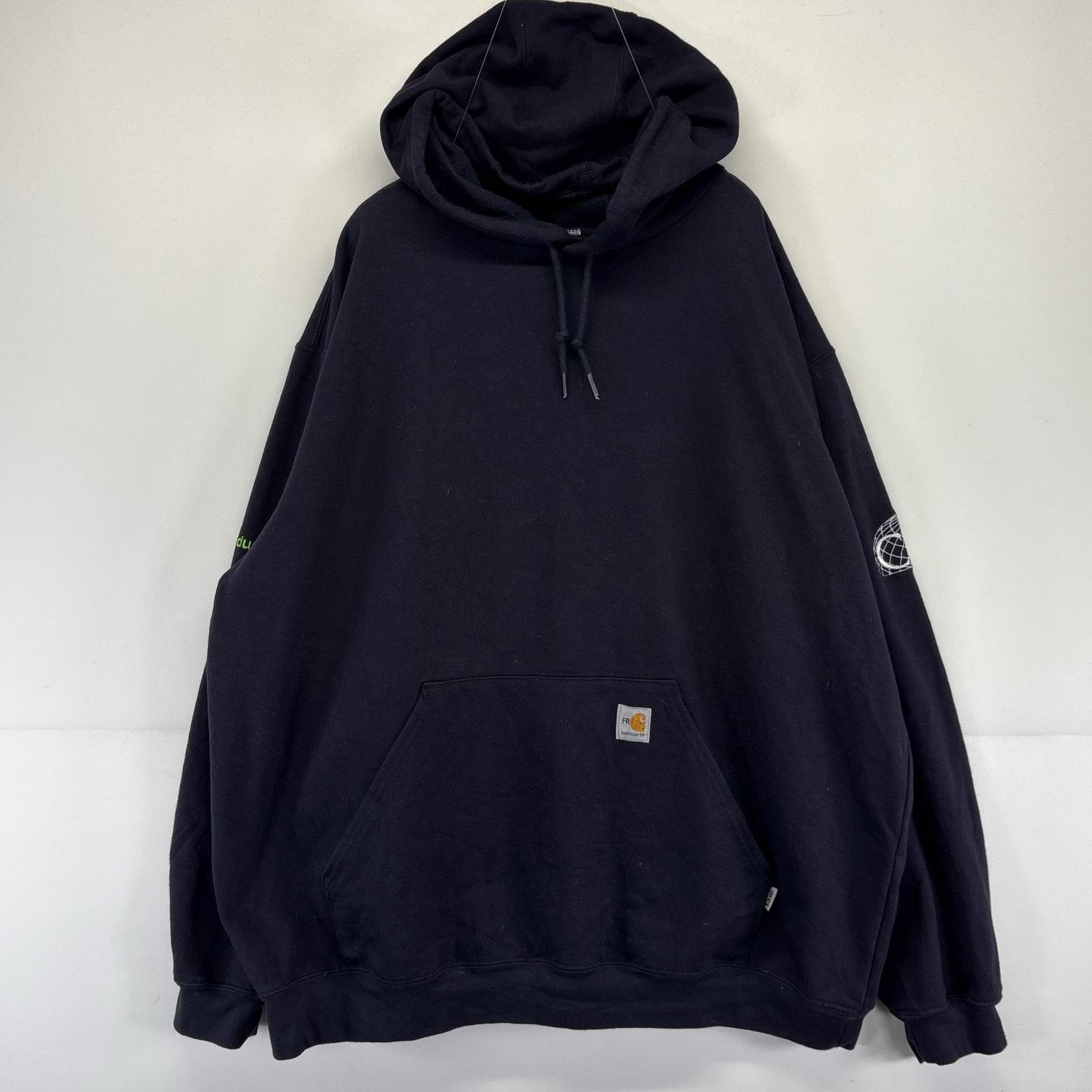 古着 カーハート Carhartt パーカー プルオーバー ワンポイント 厚手 ロゴ スウェット 2XL  ダークネイビー系 メンズ