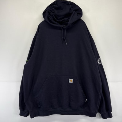 古着 カーハート Carhartt パーカー プルオーバー ワンポイント 厚手 ロゴ スウェット 2XL ダークネイビー系 メンズ