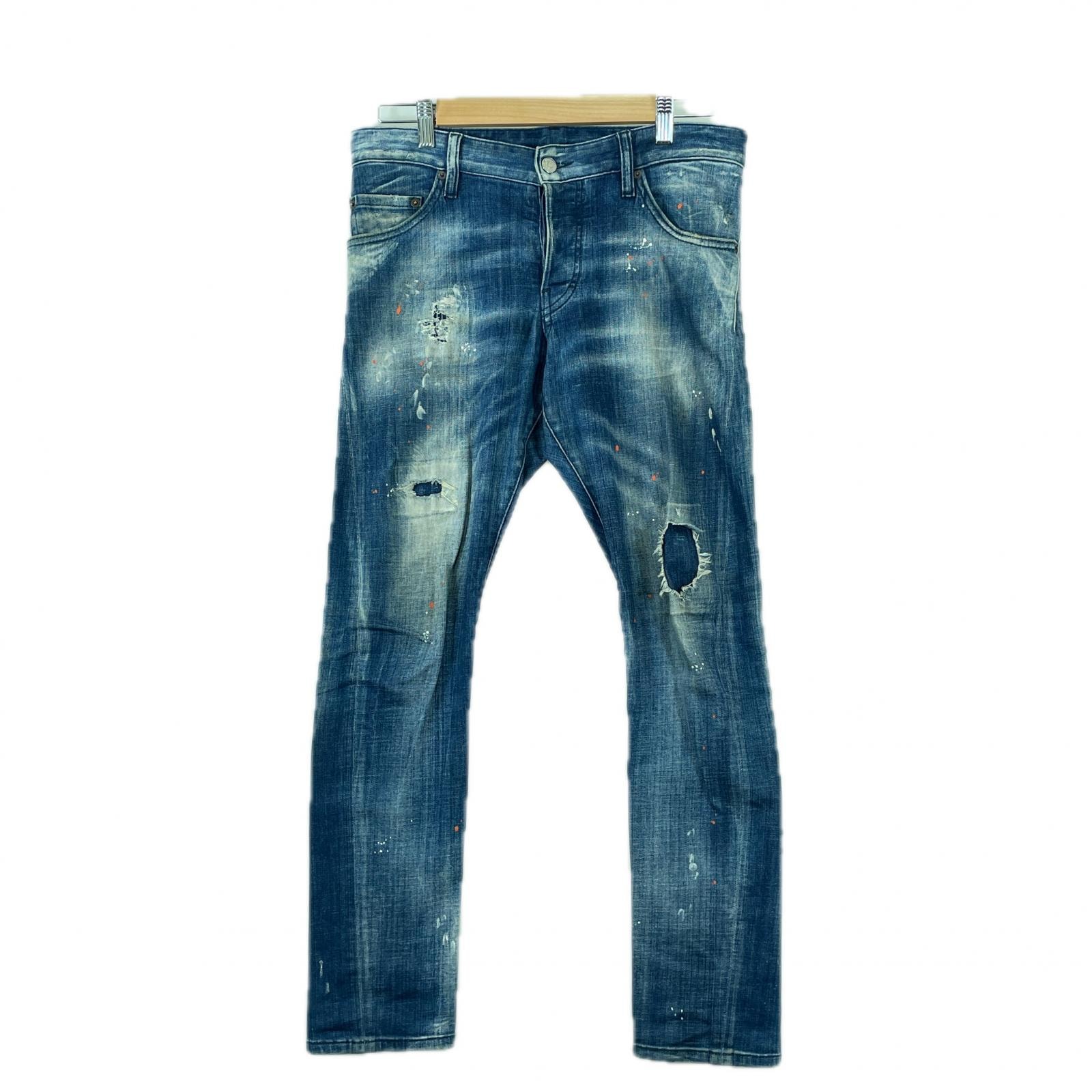 美品 DSQUARED2 ディースクエアード ダメージ加工 無地 オールシーズン デニムパンツ コットン ブルー メンズ 44【古着】【中古】