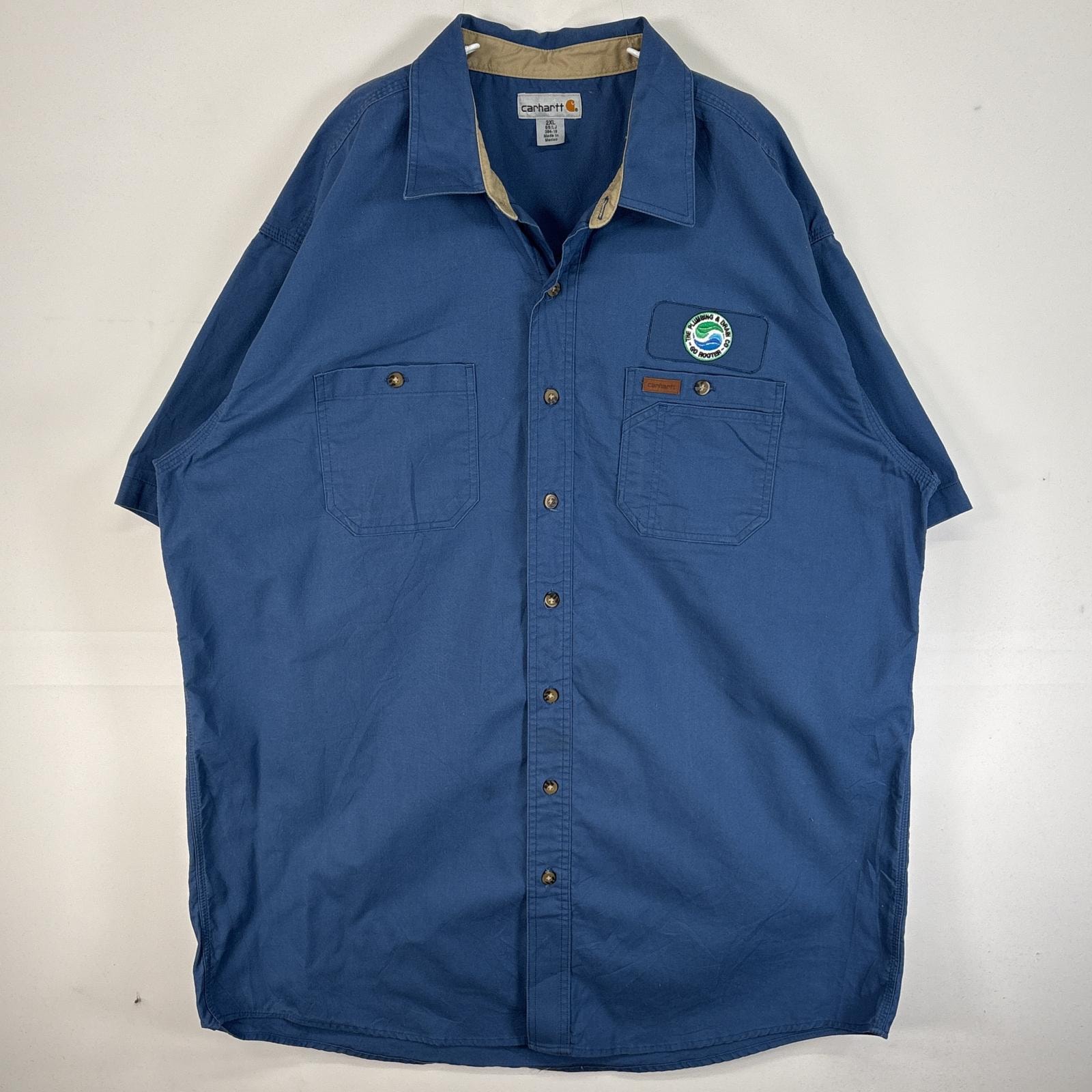 古着 カーハート Carhartt 半袖シャツ ワーク 作業着 ワンポイント ロゴ 胸ポケ 大きいサイズ 肉厚 2XL  ブルー 無地 メンズ