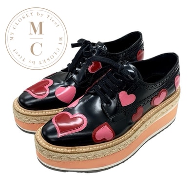 プラダ PRADA フラットシューズ 靴 シューズ ブラック レッド ピンク レースアップシューズ ハート プラットフォーム