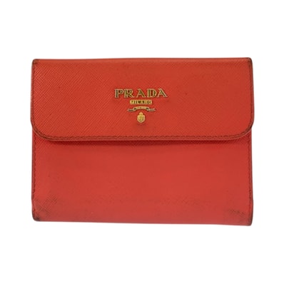 PRADA プラダ ロゴ オレンジ ゴールド金具 レザー 折財布 コンパクトウォレット 601213 【中古】