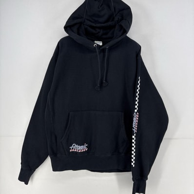 古着 チャンピオン Champion パーカー プルオーバー プリント リバースウィーブ スウェット 袖ロゴ レーシング M ブラック メンズ