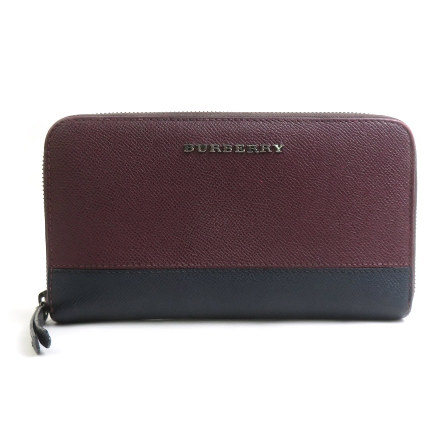 バーバリー BURBERRY ラウンドファスナー長財布 レザー ボルドー×ネイビー メンズ【中古】 56598a