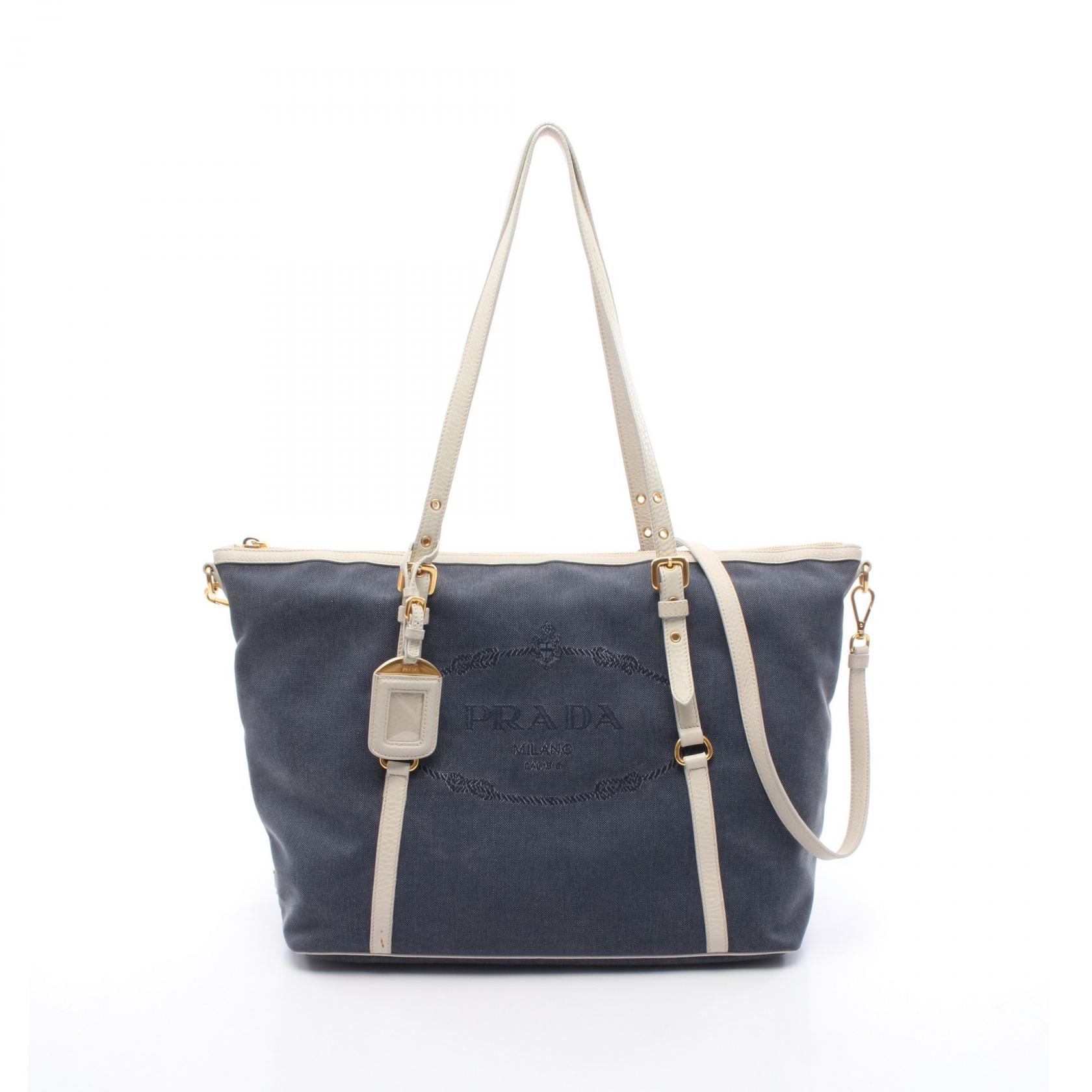 プラダ PRADA ロゴジャガード トートバッグ バッグ キャンバス レザー レディース ネイビー系 / ホワイト系 BR4253 【中古】