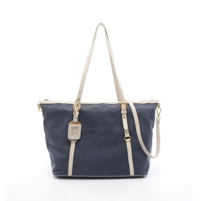 プラダ PRADA ロゴジャガード トートバッグ バッグ キャンバス レザー レディース ネイビー系 / ホワイト系 BR4253 【中古】