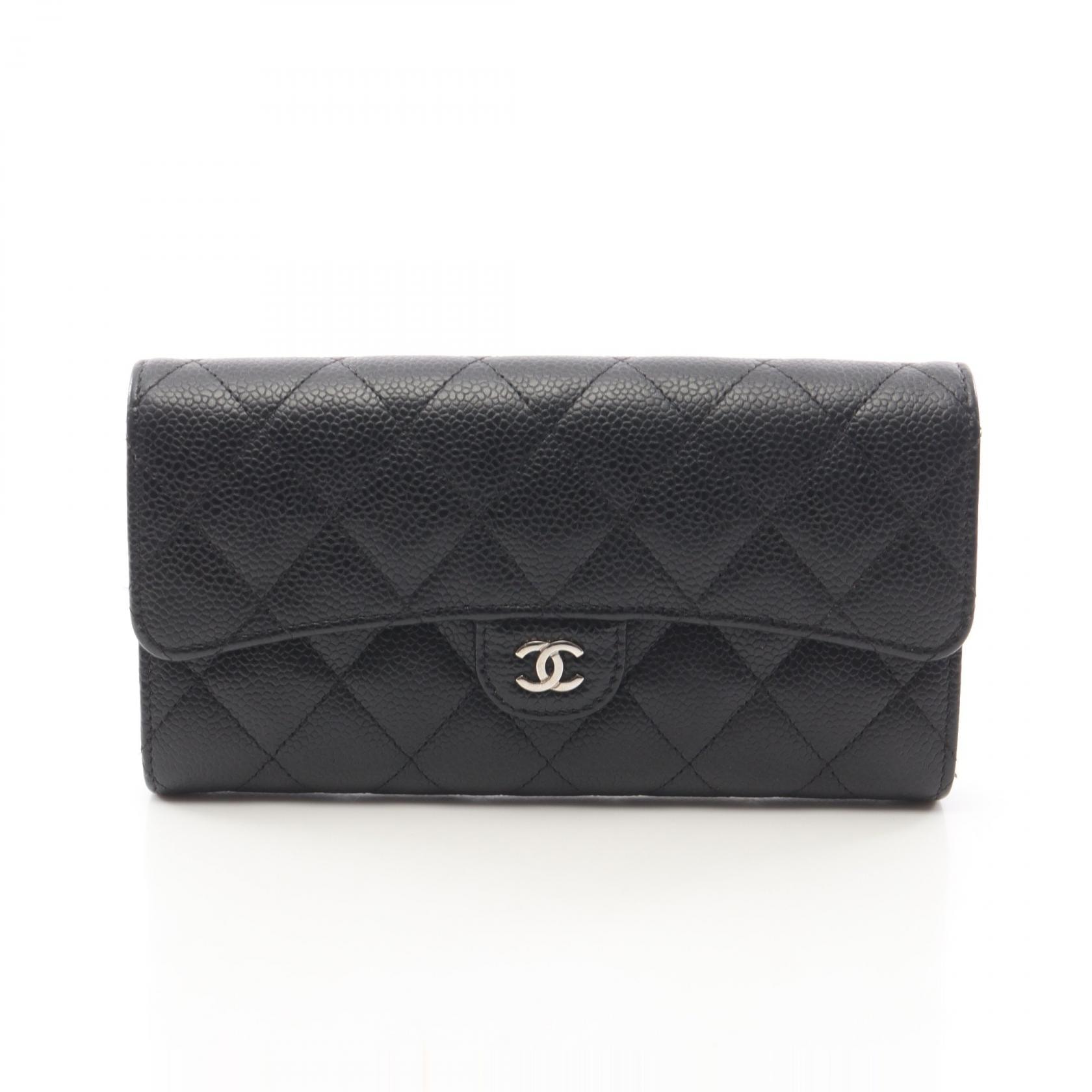 シャネル CHANEL マトラッセ 二つ折り長財布 財布 カーフ(牛革) レディース ブラック系 【中古】