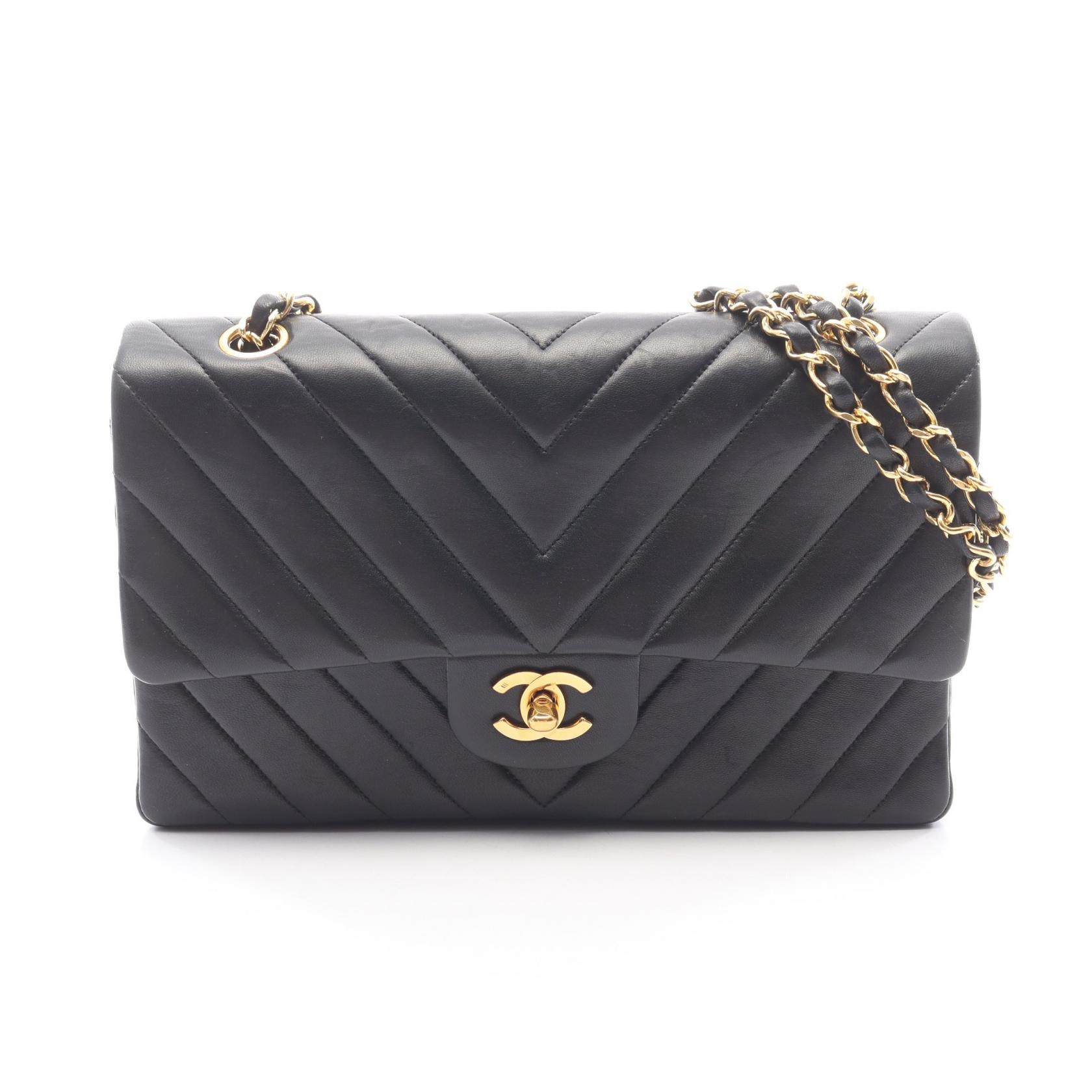 シャネル CHANEL シェブロン Vステッチ Wフラップ ショルダーバッグ バッグ ラムスキン(羊革) レディース ブラック系 【中古】