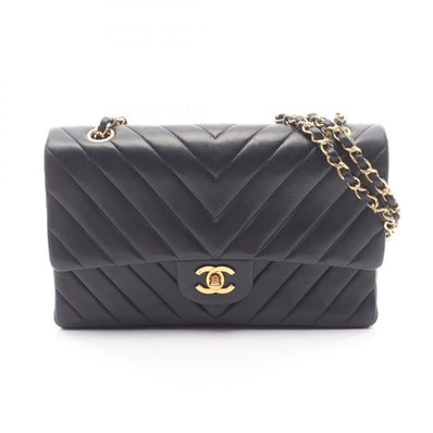 シャネル CHANEL シェブロン Vステッチ Wフラップ ショルダーバッグ バッグ ラムスキン(羊革) レディース ブラック系 【中古】