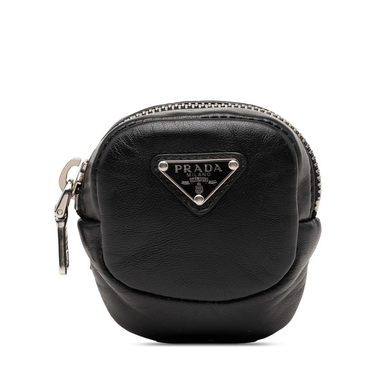 프라다 트라이앵글 로고 플레이트 미니 파우치 (엘라스틱 밴드 포함) 1TT137 블랙 가죽 여성 PRADA [중고]