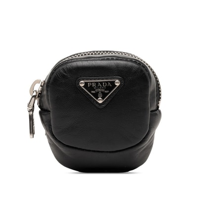 プラダ 三角ロゴプレート エラスティックバンド付き ミニ ポーチ 1TT137 ブラック レザー レディース PRADA 【中古】