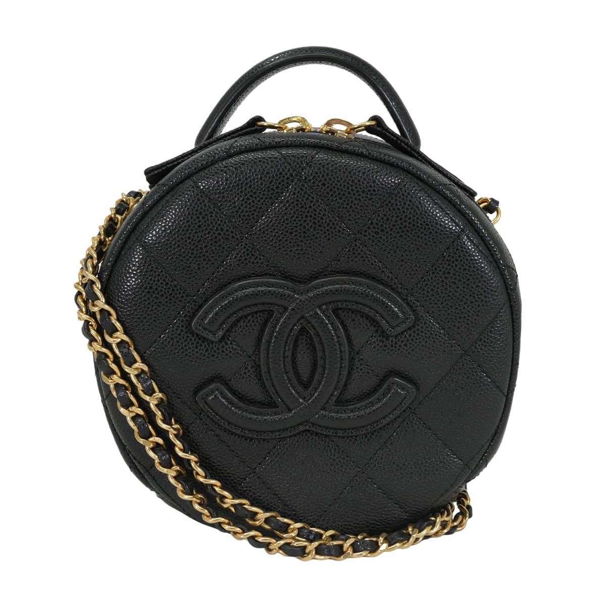 CHANEL シャネル ショルダーバッグ トップハンドル チェーン バニティ スモール マトラッセ ラウンド ココマーク 黒 (ブラック) グレインドカーフ(キャビアスキン) ゴールド金具 AS3875 新品同様【中古】