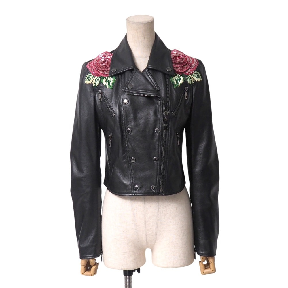 ■美品■DOLCE&GABBANA ドルチェアンドガッバーナ ライダースジャケット サイズ36 ショート丈 ラムレザー ジャケット 花刺繍 スパンコール ビーズ装飾【おすすめ】 イタリア製 ブランド古着【中古】20240801/RA0677