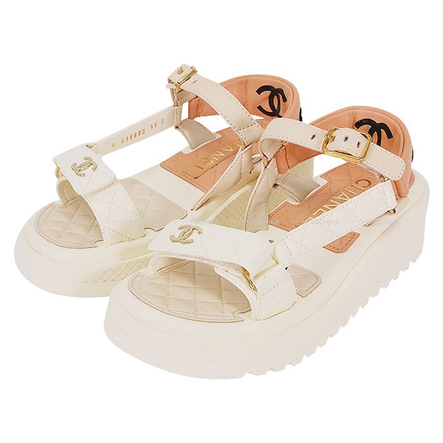 CHANEL シャネル サンダル スポーツ ココマーク マトラッセ ベージュ/アイボリー/白 (ホワイト) ラムスキン 22cm(#35) ゴールド金具 G38880 新品未使用