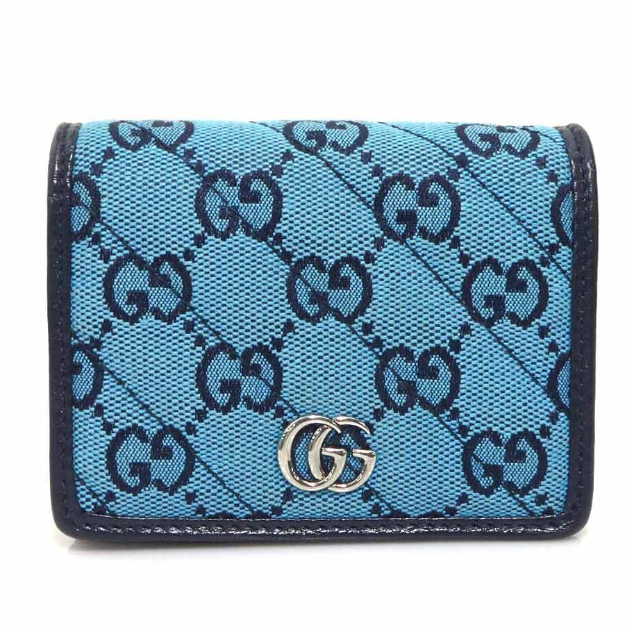 グッチ GUCCI 二つ折り財布 GGマーモント GGキャンバス ブルー/ピンク ユニセックス 466492【中古】 h32096a
