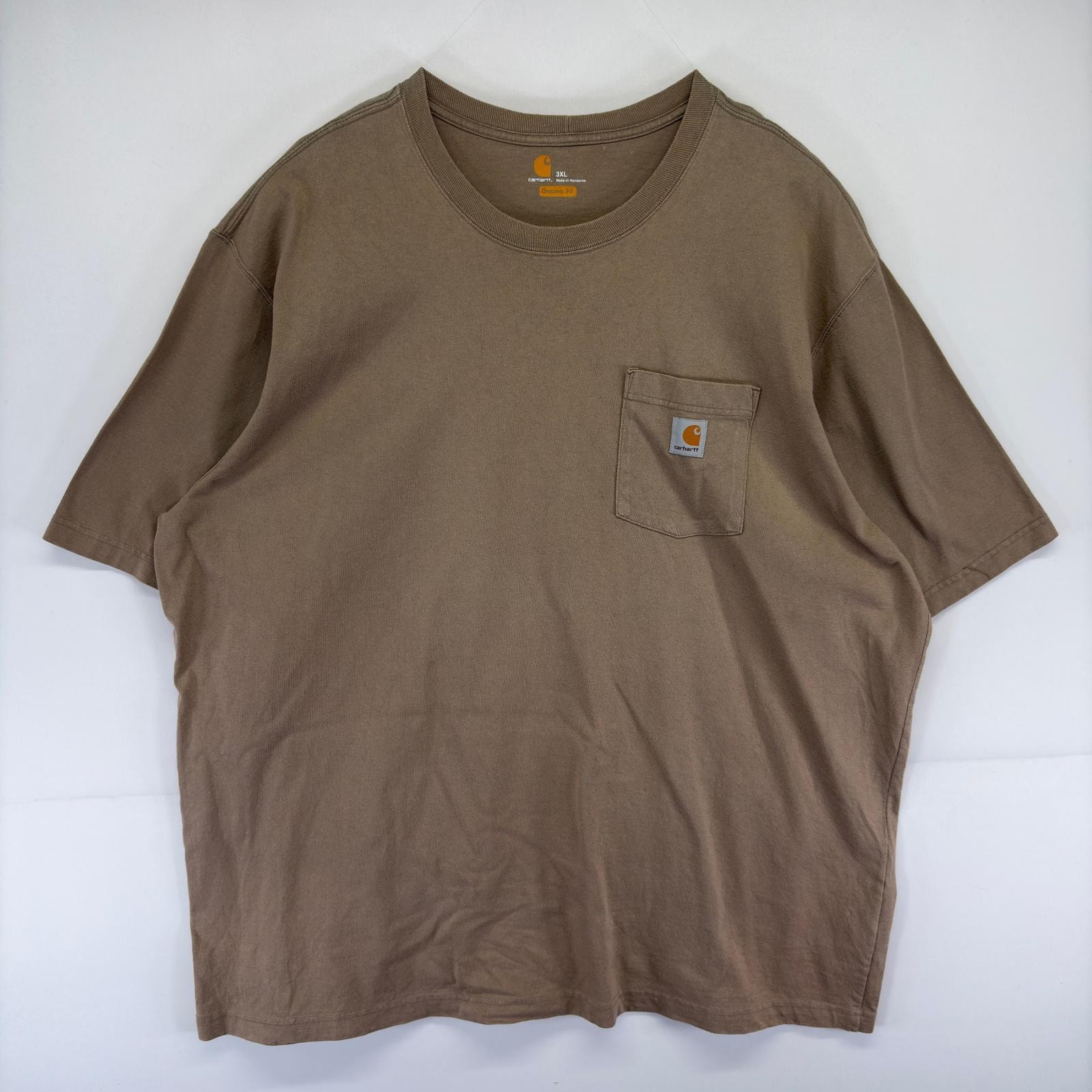 古着 カーハート Carhartt 半袖Tシャツ ロゴ 大きいサイズ 胸ポケット クルーネック 3XL  ベージュ系 メンズ