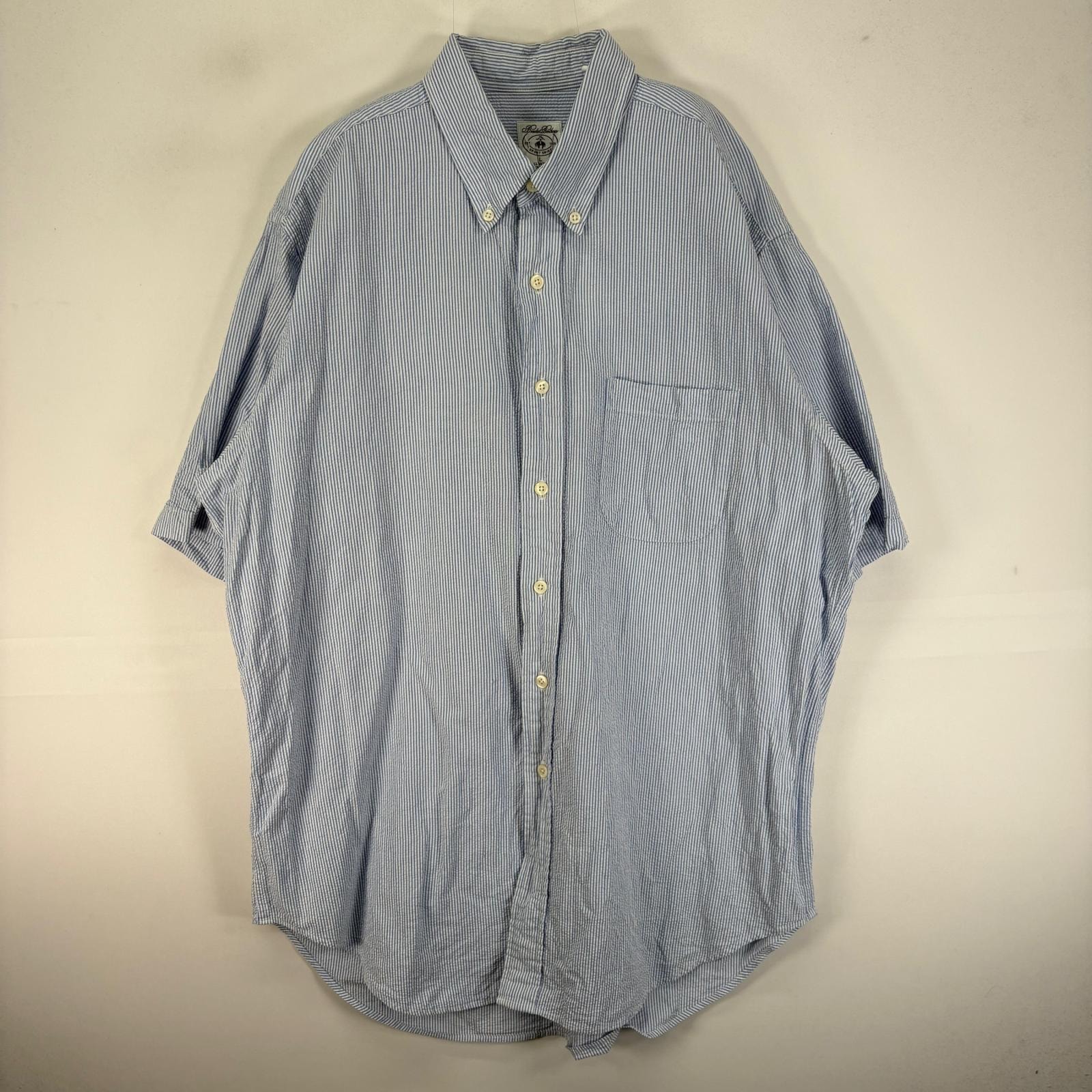 古着 ブルックスブラザーズ Brooks Brothers シアサッカー 半袖シャツ ボタンダウン 胸ポケット L  ブルー系 ストライプ メンズ