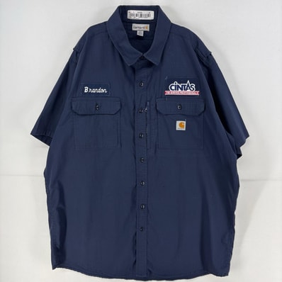 古着 カーハート Carhartt 半袖シャツ 胸ポケット ワッペン リップストップ ワークシャツ 作業着 大きいサイズ 2XL ネイビー系 メンズ