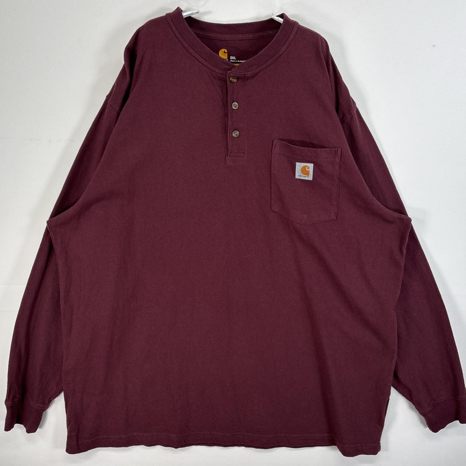 古着 カーハート Carhartt 長袖Tシャツ ワンポイント ロゴ ヘンリーネック 大きいサイズ 肉厚 2XL  ワインレッド 無地 メンズ
