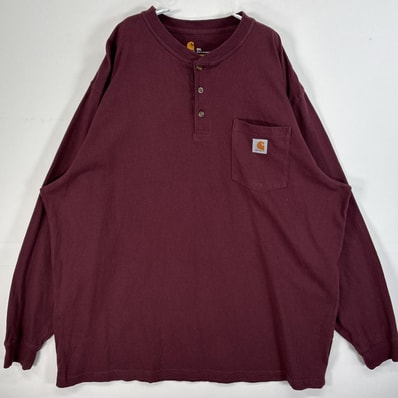 古着 カーハート Carhartt 長袖Tシャツ ワンポイント ロゴ ヘンリーネック 大きいサイズ 肉厚 2XL ワインレッド 無地 メンズ