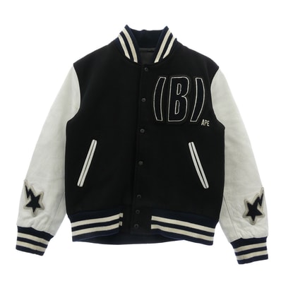 A BATHING APE アベイシングエイプ スタジャン Cowhide Varsity jacket 牛革 袖 レザー BAPSTA B ワッペン スタジャン バーシティジャケット ブラック ブラック系 L【中古】