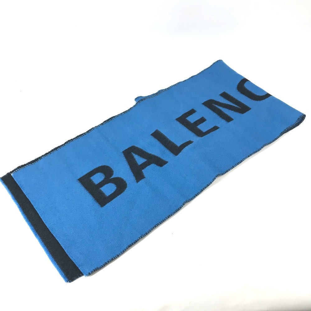 バレンシアガ BALENCIAGA ロゴ バイカラー マフラー ウール ブルー 美品