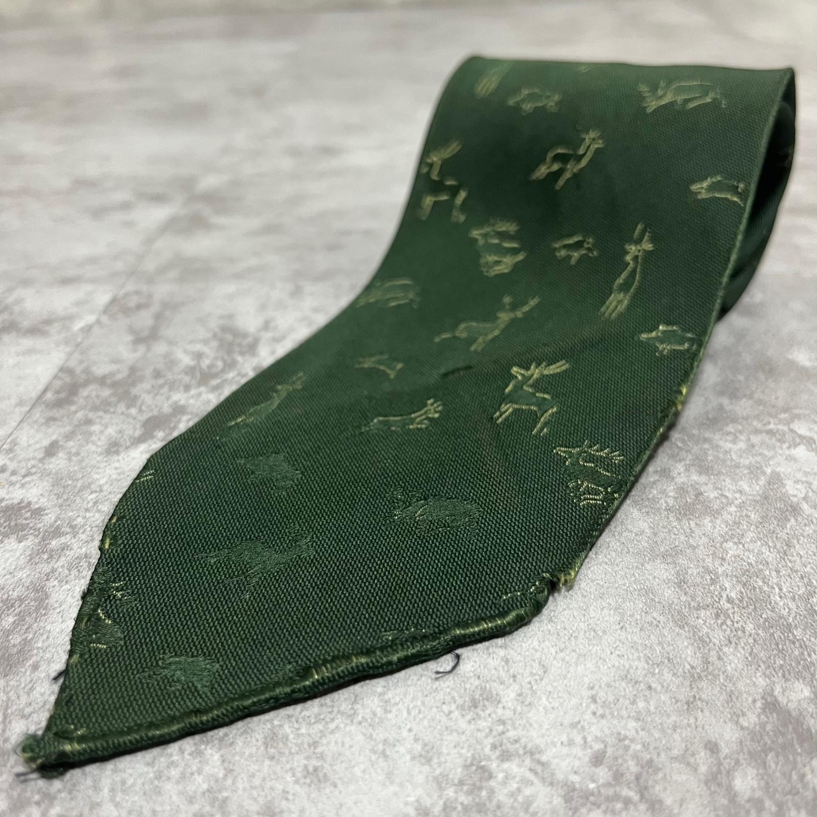【HERMES】エルメス ネクタイ 鹿 シカ ディア 動物 アニマル 総柄 グリーン ゴールド フランス製 刺繍 オールド ヴィンテージ メンズ