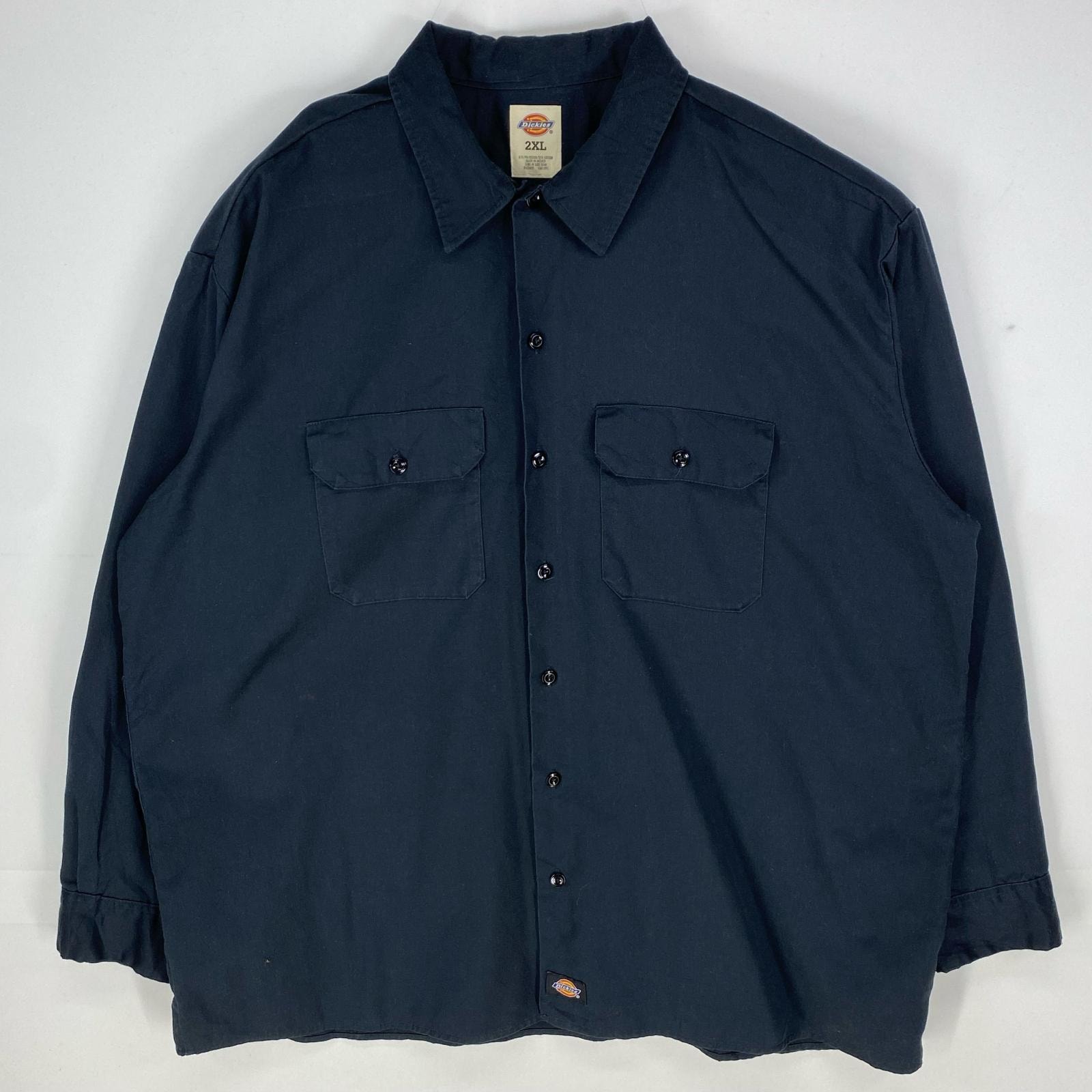 古着 ディッキーズ Dickies 長袖シャツ 胸ポケット ワークシャツ 大きいサイズ ロングスリーブ 2XL ブラック系 無地 メンズ