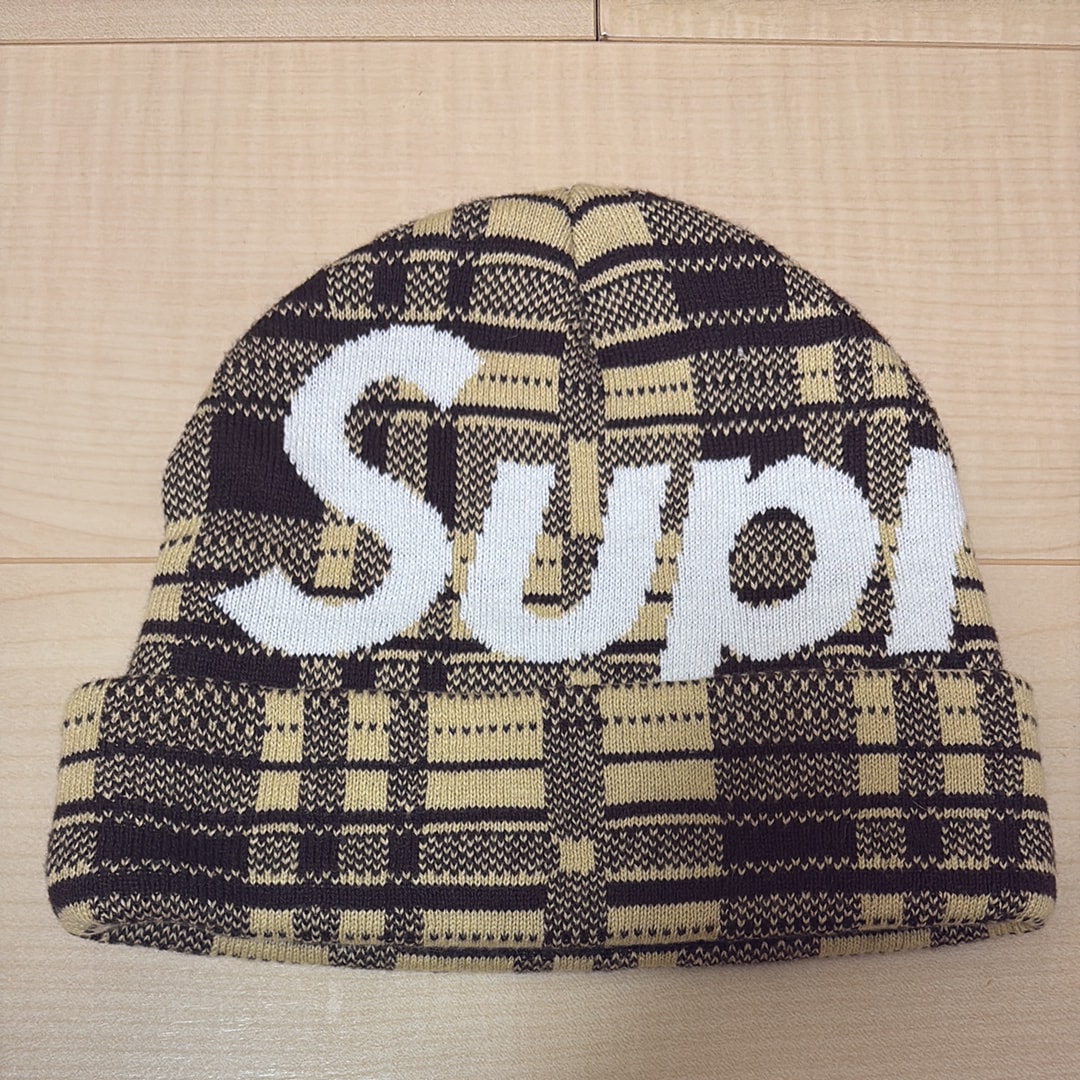Supreme Big Logo Beanie "Tan Plaid" (23FW)