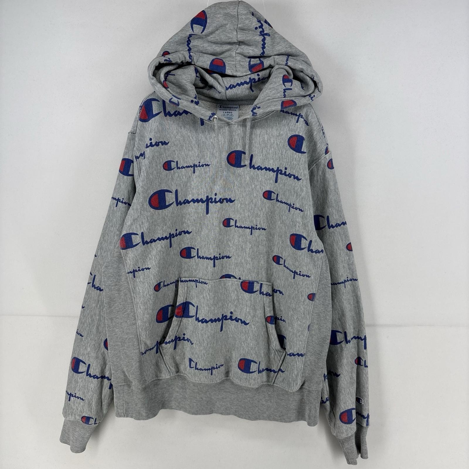 古着 チャンピオン Champion パーカー スウェット プルオーバー ロゴ プリント リバースウィーブ 総柄 プルオーバー  L  グレー メンズ