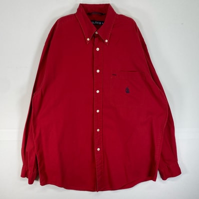 古着 90's/90年代 ノーティカ NAUTICA 長袖シャツ 旧ロゴ 刺繍 ボタンダウン 胸ポケット M レッド 無地 メンズ